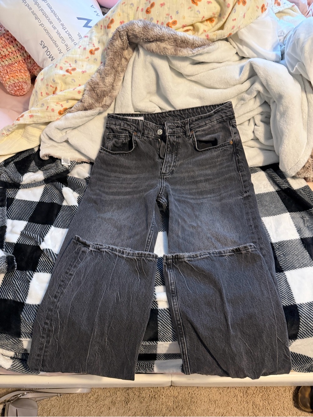Zara Washed Black High-Rise Wide-Leg Split Jeans